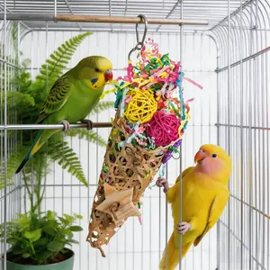 Interactive Bird Chew Toy with Rattan Balls & Paper Strips – Bird toys, shredded paper toys, tiger skin,   gnawing, birdcage pendant accessories Multi-Color Wooden  Chewing Toy Foraging Shredder Toy Set Multi-Attachment Bird Swing large sun conures
