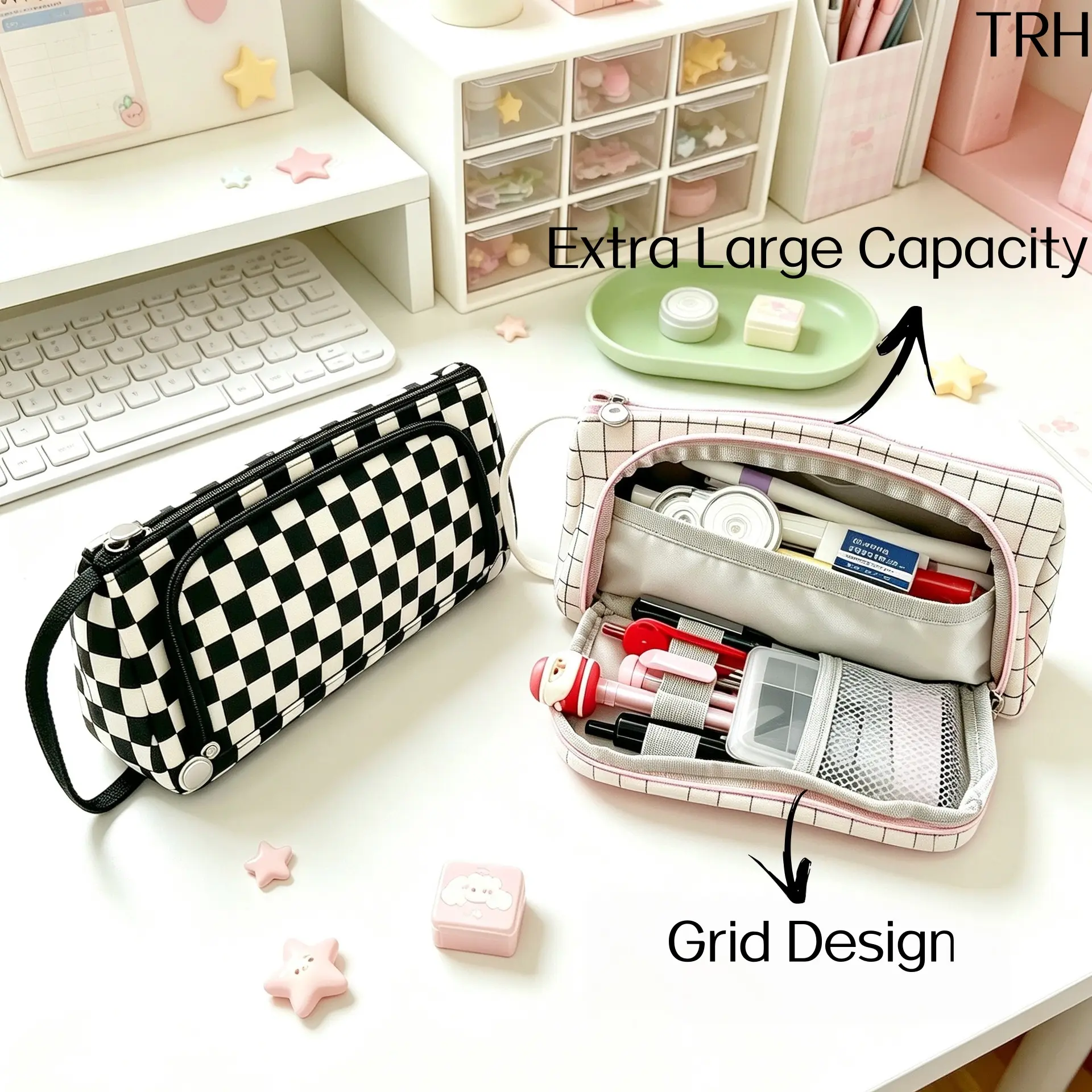 Checkerboard Grid Pattern Aesthetic Canvas Pencil Case - Large Capacity, Multi-Compartment Stationery Organizer with Inner Mesh Pocket, Carrying Handle, Durable Portable Back to School Supply Bag for Teen Students