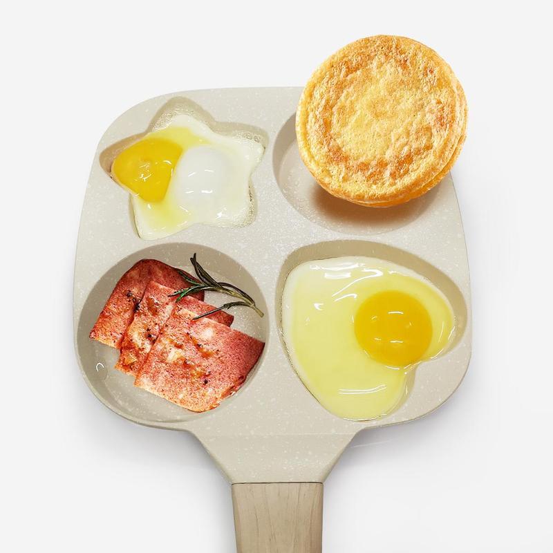 Nonstick 4-Cup Egg Frying Pan,Oil-Free Egg Pan,with Wooden Handle,Easy-Clean,for Pancakes,Burgers,Breakfast,Quick Cooking at Home,for Family Breakfasts