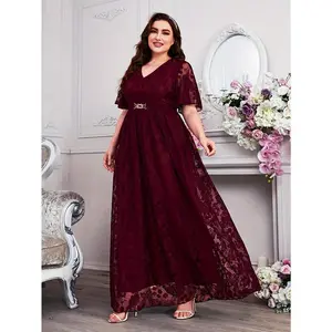 Women's Plus Size Solid Floral Lace Swing Maxi Dress - Elegant Cinched Waist Flutter Sleeve V Neck - For Party & Banquet -  Suitable for Plus Size Women - Perfect Gift for Special Occasions Formal Polyester Womenswear Peplum