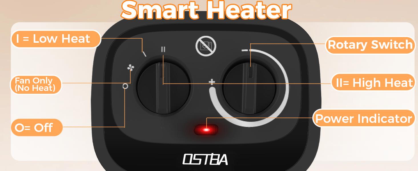 OSTBA Portable Indoor Electric Heater, 1500W Ceramic Heater with Adjustable Thermostat, 3 Modes, Tip-Over & Overheat Protection for Office & Bedroom - Black