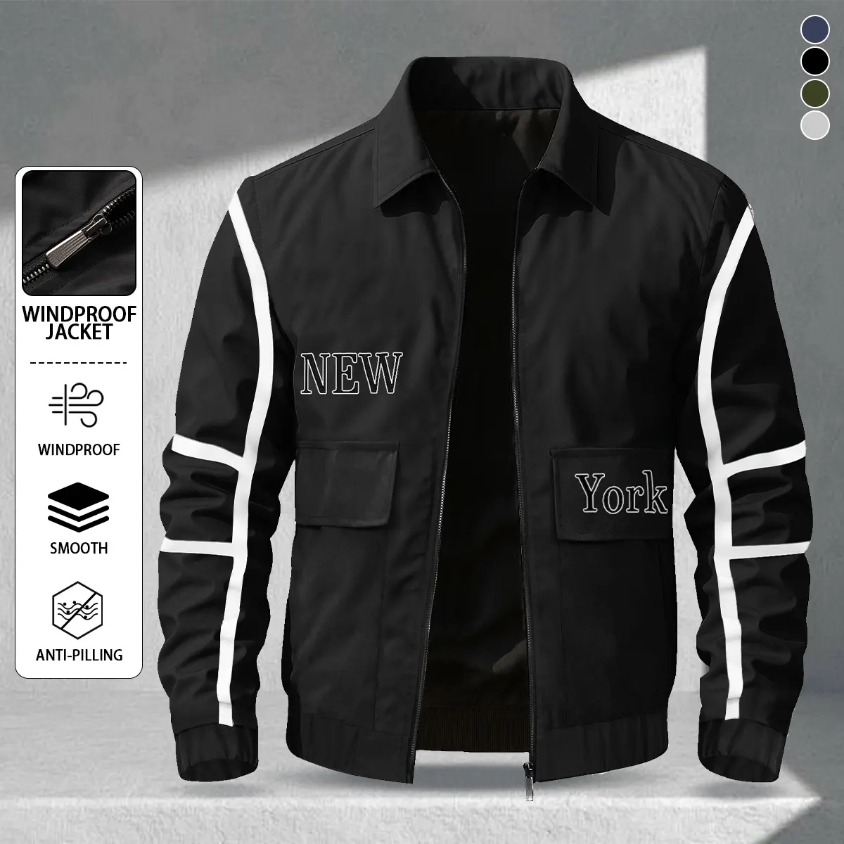 Men’s Reflective Letter-Print Lapel Jacket Smooth, Skin-Friendly Fabric Ribbed Hem Commuter-Friendly Versatile Everyday Wear Suitable for Casual Social Outings Fashionable Eye-Catching Style Tactical Windproof Long Sleeve Menswear Stylish Coats