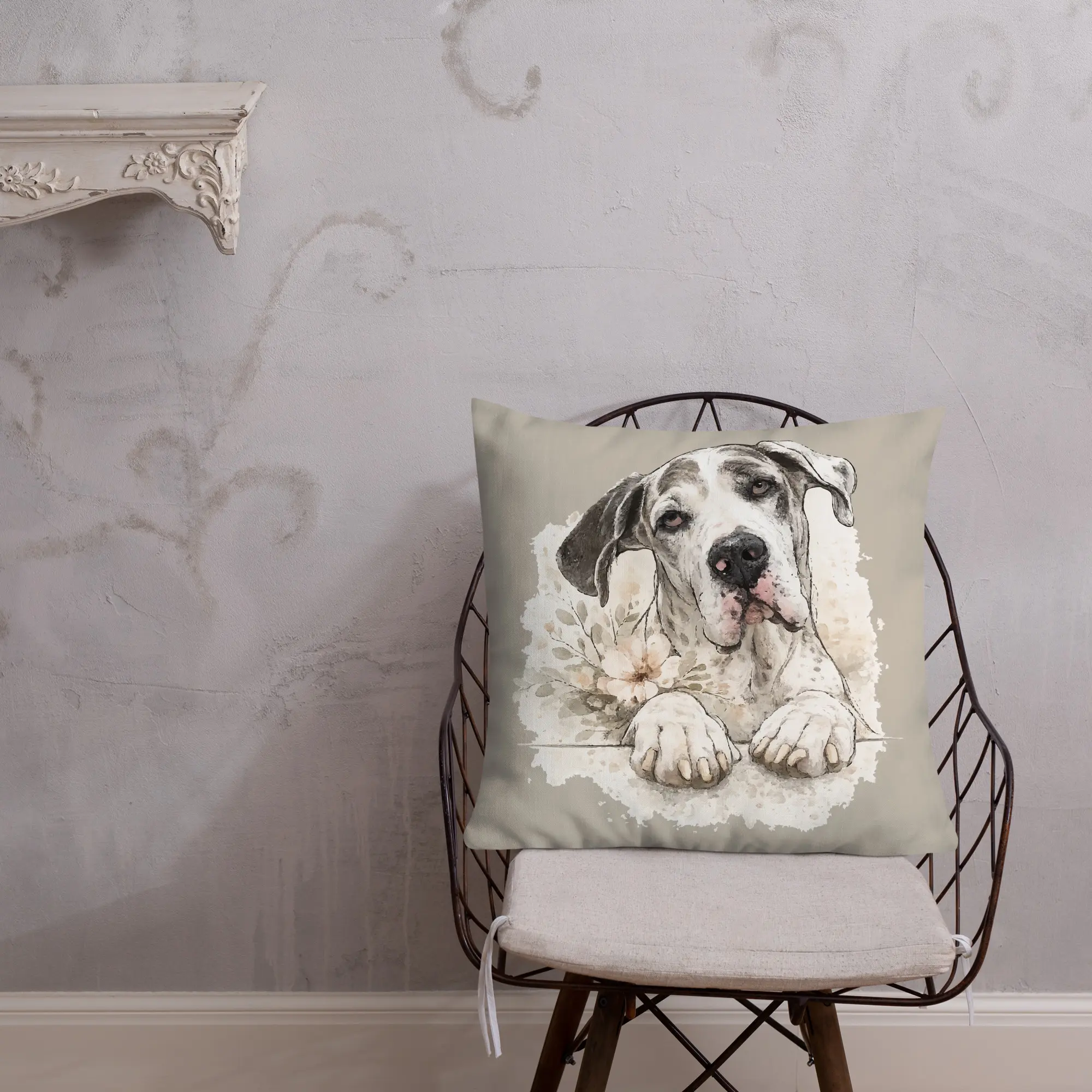 Soft Meadow Great Dane Pillow – Minimalist Line Art + Florals