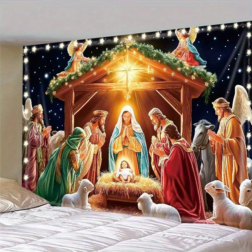 1pc 2D Flat Glam Soft Satin Christmas Nativity Scene Backdrop Cloth - 100% Satin Weave, No Installation Needed, Horizontal Religious Wall Hanging, Indoor Party Decoration Supplies for Cozy Living Room, Religious Wall Hanging For Cozy Rooms