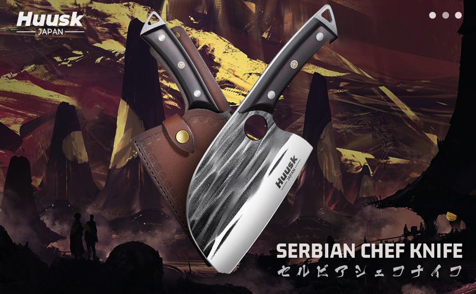 Huusk Knives – Upgraded Hand Forged Serbian Chef Knife, Butcher Knife with Sheath, Japanese Cleaver for Heavy Duty Meat Cutting