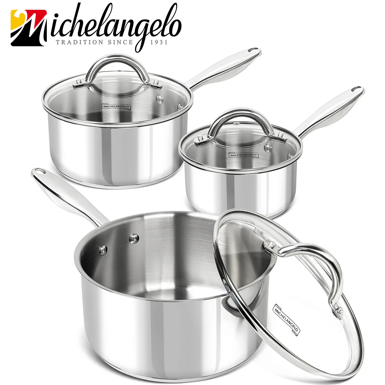 MICHELANGELO Stainless Steel Saucepan Set, 18/10 Tri-Ply Sauce Pot Set with Lids, Induction Compatible, Dishwasher & Oven Safe
