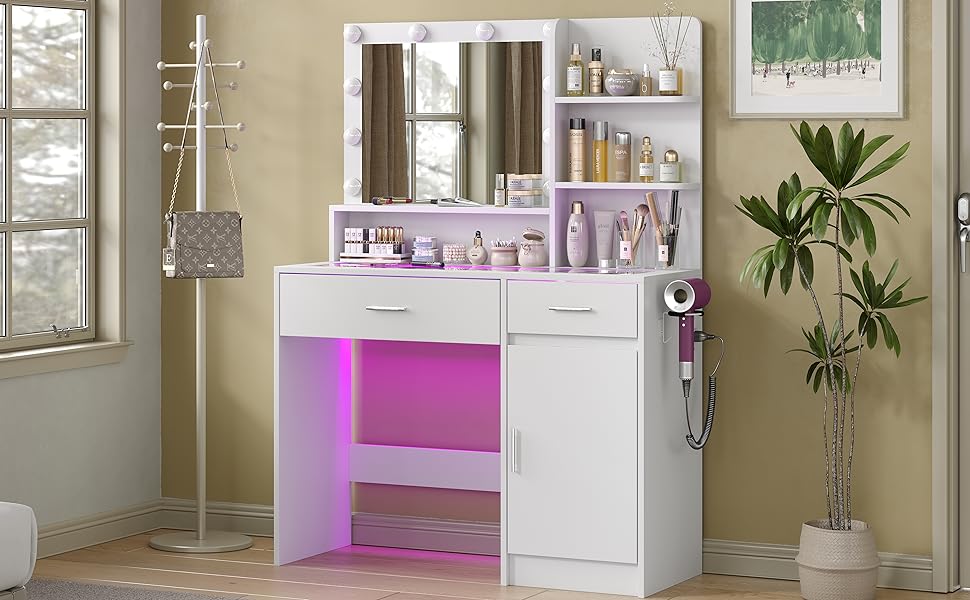 CollaredEagle Vanity Desk With Mirror And 3 Lighting Modes 10 USB Power LED Lights, 40" Makeup Vanity With Glass Top & Power Outlet, Vanity With 36 Lighting Modes Brightness Adjustable RGB Drawers,Dressing Table For Women Girls Bedroom, White