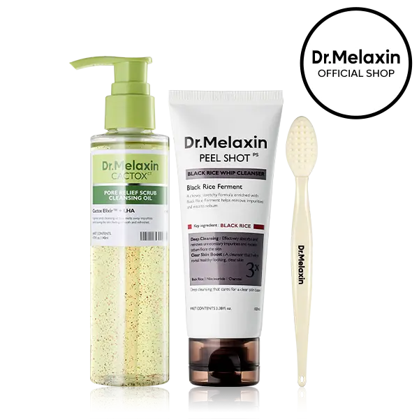 [Dr.Melaxin Official] Double Cleansing Duo with Pore Brush, Cactox Oil&Peel Shot Black Rice Mochi Whip Cleanser, Cactus Elixir, Fermented Black Rice, LHA, Niacinamide, Deep Pore Care