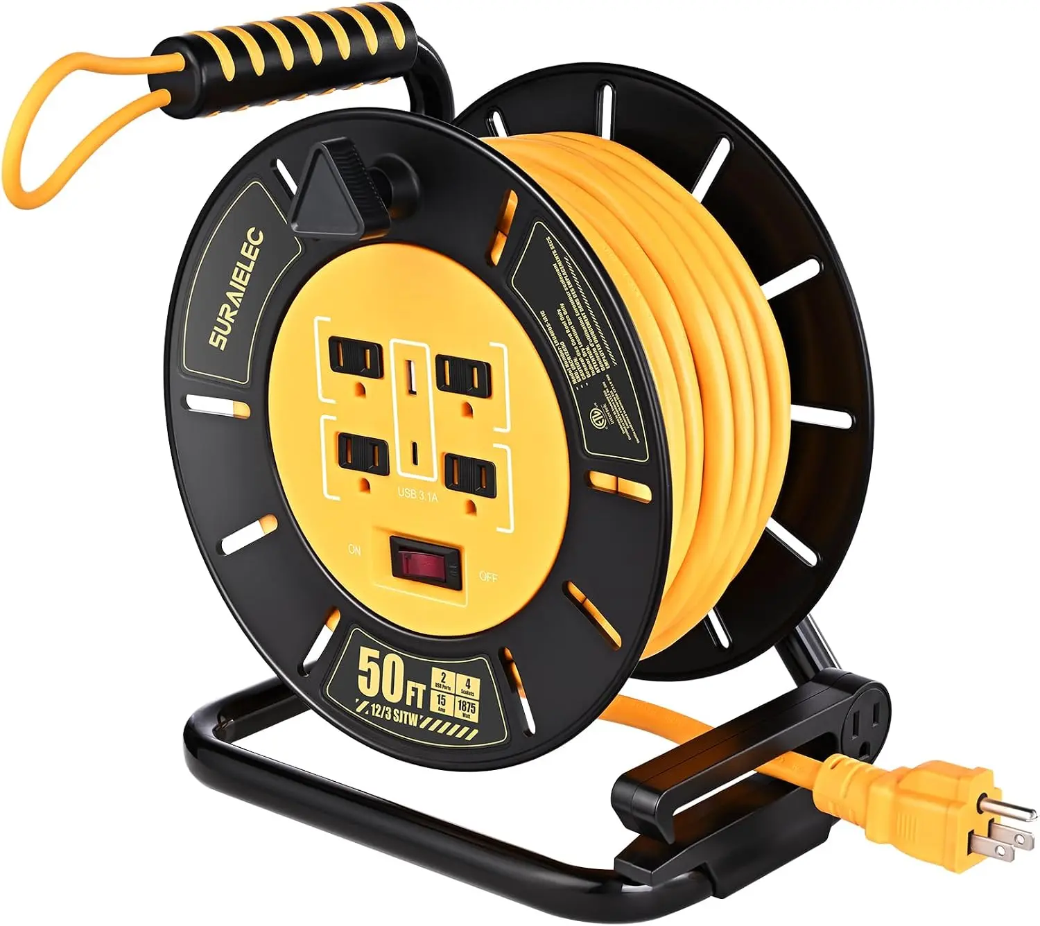 Suraielec | 50FT Retractable Extension Cord Reel with USB Ports, ETL Listed | 12AWG Heavy Duty Power Cord, 15A, Handle Rewind, 4 Grounded Outlets, USB-A & USB-C Ports, for Garage, Jobsite, Camping