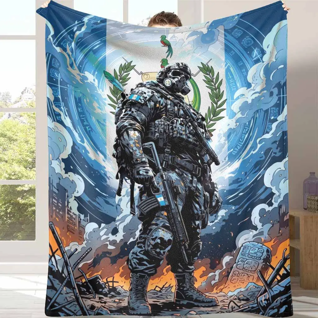 Guatemalan Soldier Tactical 40-56 in Flannel Fabric Blanket - Fluffy Soft, Patriotic Emblem, Quetzal Print, Lightweight, Warm, Military-Themed, Wrinkle-Resistant, Breathable, Travel-Ready Throw, Blankets for Sofa, Indoor/Outdoor Use - Ideal for Camping