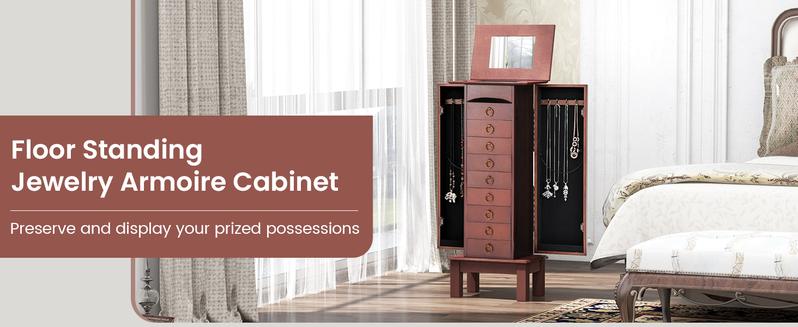 Giantex Large Jewelry Armoire Cabinet with Drawers & Swing Doors Hooks Top Mirror Boxes, Standing Cambered Front Storage Chest Stand, Large Standing Jewelry Armoire, Dark Walnut
