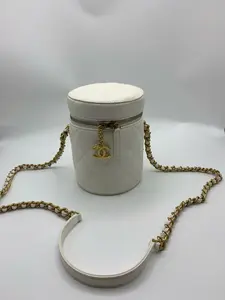 Pre-owned CHANEL Platinum Lambskin Letter Cylindrical Cosmetic Bag Bucket Bag with Chain Strap, Chip Version, 9899 New Size: 13cm x 13cm x 17cm