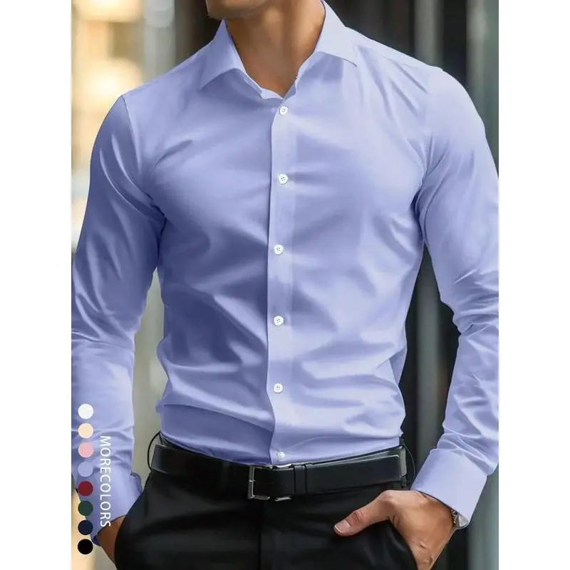 Men's Slim-Fit Wrinkle-Resistant Plain Dress Shirt - All Seasons Classic Long Sleeve with Stretch Fabric, Easy Care, Enhances Masculine Silhouette for Business & Wedding Attire