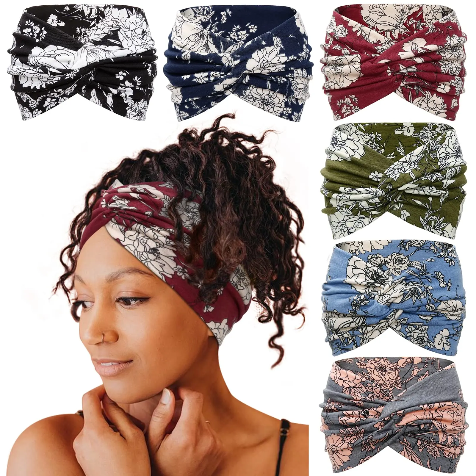 Women's 6-Pack 7in Wide Floral Printed Turban Headbands - Boho Twist Knotted, Sweat Absorbing, Yoga, Training, Casual Sports Headbands for Sports & Outdoor Hairstyling, Knotted Headband