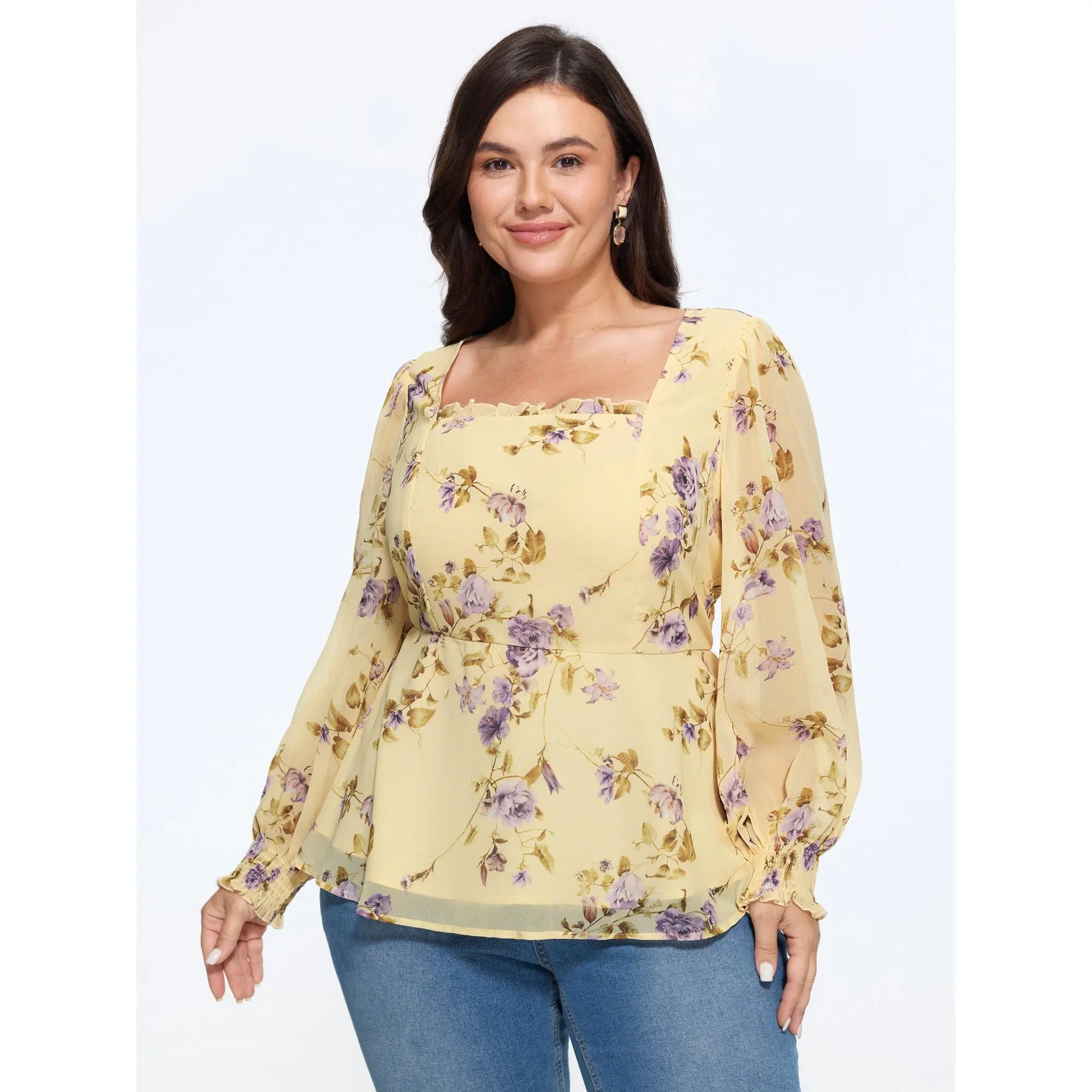 BLOOMCHIC Plus Size Square Neck Floral Print Ruffle Chiffon Blouse[M-6X] Back To School,Fall Pick