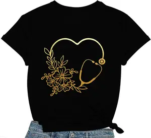 Nurse Shirts for Women School Nurse Stethoscope Heart Print Tshirt Nursing Week Tee Tops