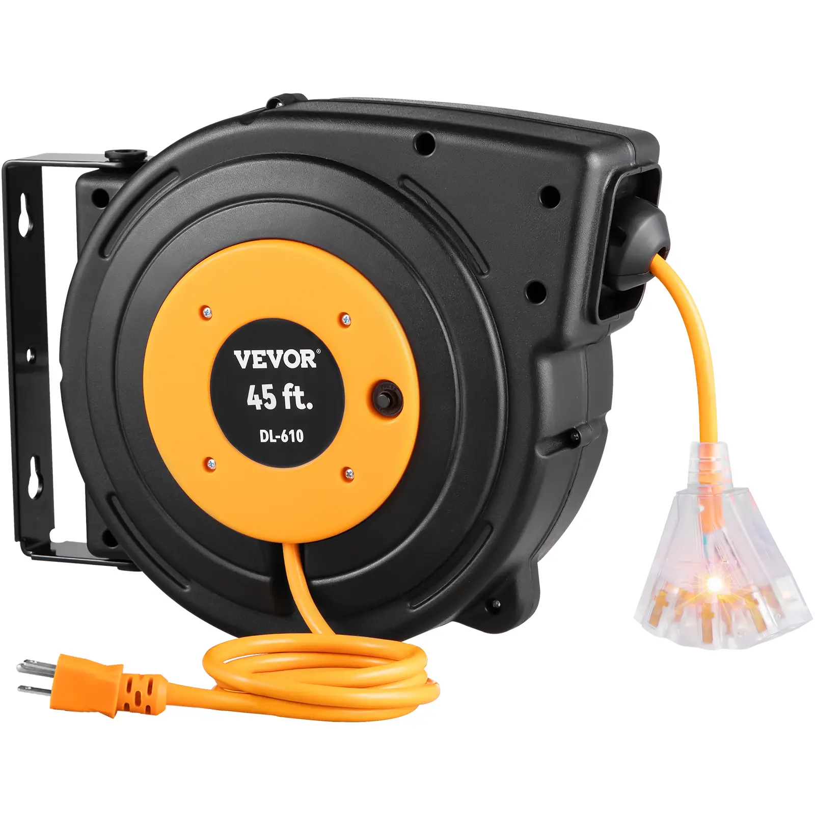 VEVOR Heavy-Duty Automatic Retractable Extension Reel - 12AWG/3C SJTOW Flexible Water-Resistant Wire Cable (45 FT), Black, Lightweight, Rotatable Cable Cord Reels, Smooth Retract No Kinks, Built for Garage and Shop