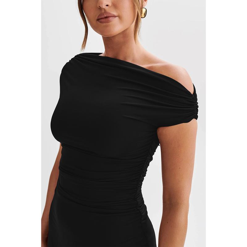 HYZ Women's Summer Off Shoulder Trendy Ruched Stretch Bodycon Cocktail Party Flare Mini Dress