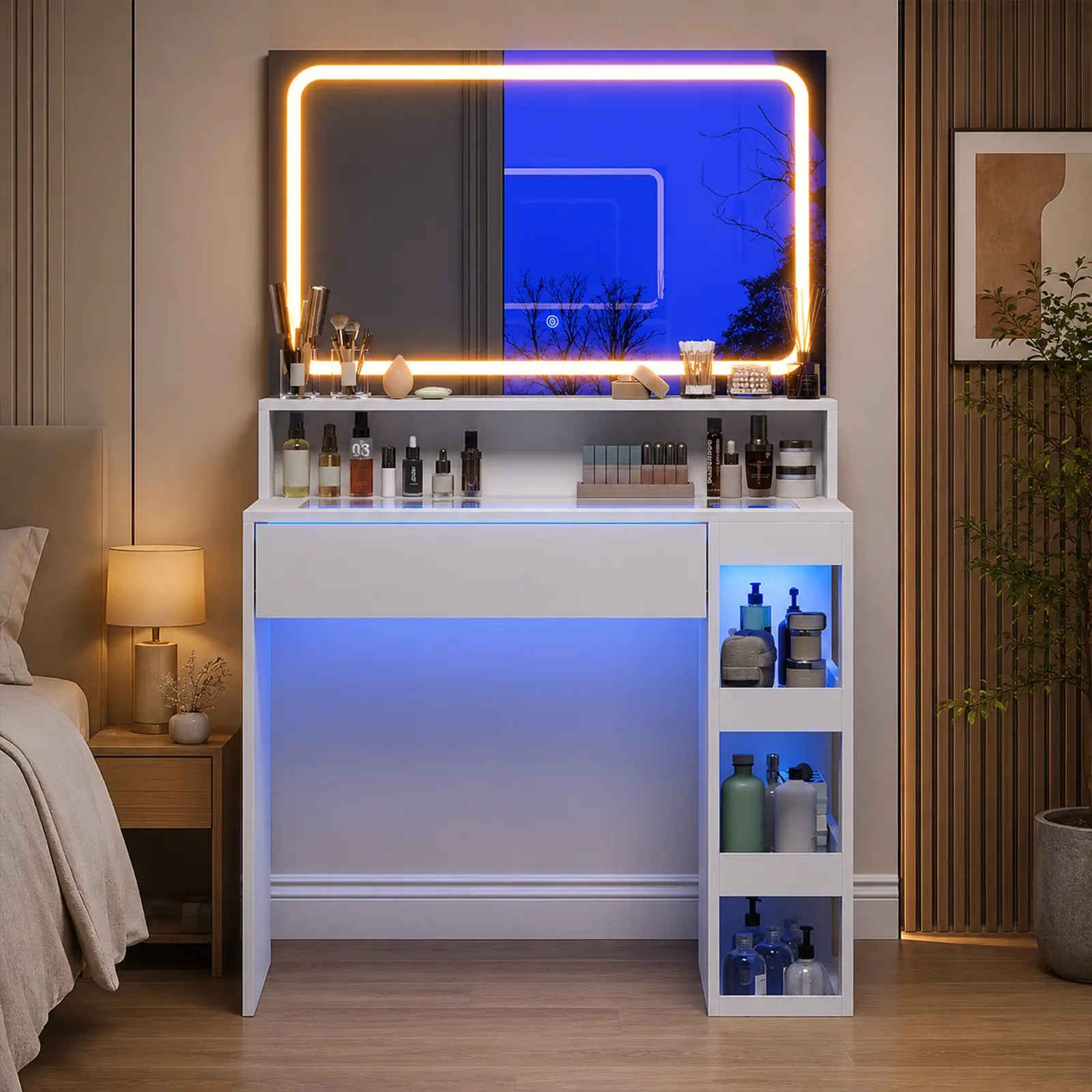 LED Lighted Makeup Vanity Bathroom Vanity with Mirrors Storage Shelves RGB Lighting Modern Decor Vanity Table Make Up Vanity Organizer Vanity Desk Dressing Table Cosmetic Vanity Makeup Station summerwins