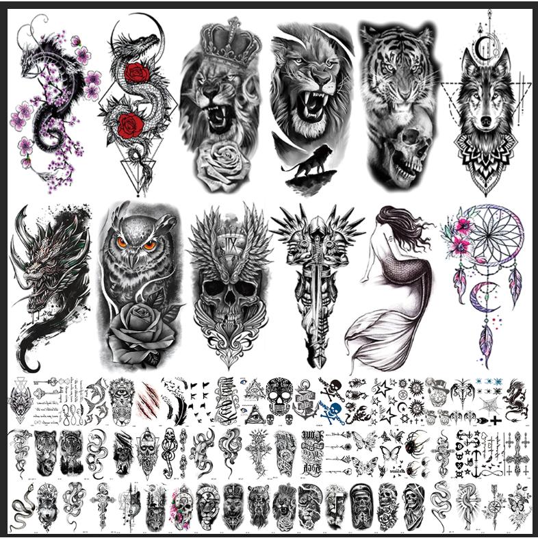 72 Sheets Temporary Tatoo 12 Large and 60 Medium-sized sheets Black Arm Temporary Tattoos For Men Forearm Women Thigh, Half Sleeve Animals Dragon Lion Tiger Wolf Dream Cather Temporary Tattoo Stickers Adults, Death Skull Compass Flower Fake Tattoos