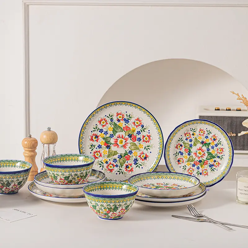 18/24-Piece Boho Ceramic Dinnerware Set, Floral Porcelain Plates And Bowls Set For 6/8, Vintage Farmhouse Dish Set, Scratch Resistant, Stackable, Microwave, Dishwasher, Oven & Air Fryer Safe, Kitchen Dinnerware For Everyday Use