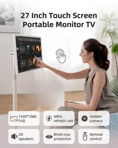 2026 New style 32 Inch Smart Portable TV on Wheels,FHD Touch-Screen-Monitor,Wireless RollableTV, 8G RAM,128G Storage,Built-in 6-8H Battery,Android 13,Full Swivel Rotation,Remote Control (Grey) HD Tablet