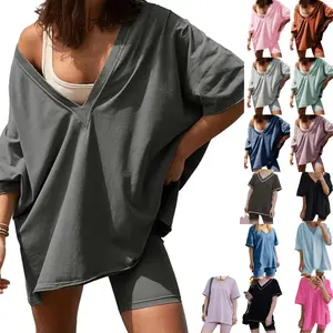 SCUSTY Women's Two Piece set Oversized V Neck T Shirt Biker Short Summer Outfits Hot Shot Reversible Sets