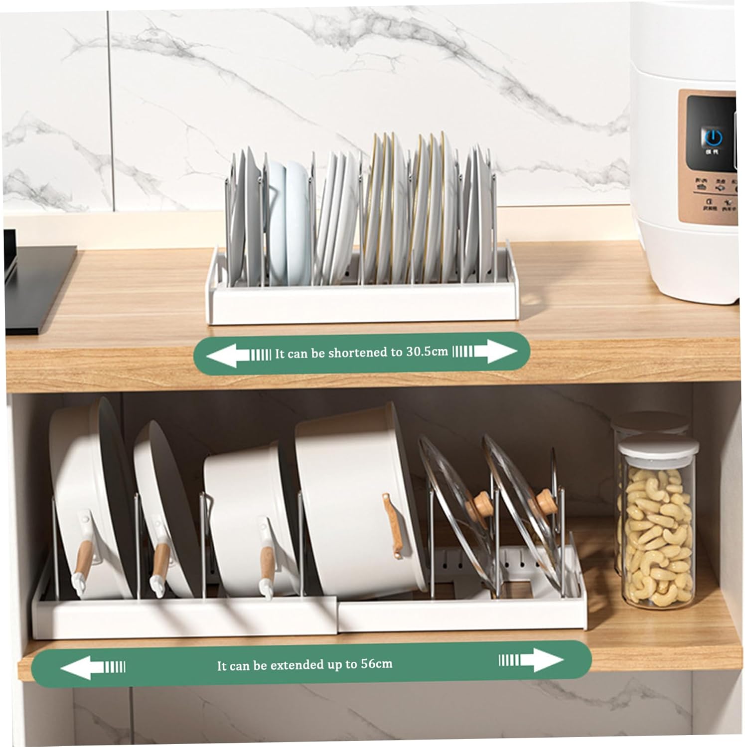 Pull Out Pots and Pans Organizer Under Cabinet, Expandable Sliding Lid Holder and Pan Rack for Kitchen, Slide Out Inside Cabinet for Pot Lid, Bakeware, Dishes, 7 Adjustable Dividers, 1 Pack White