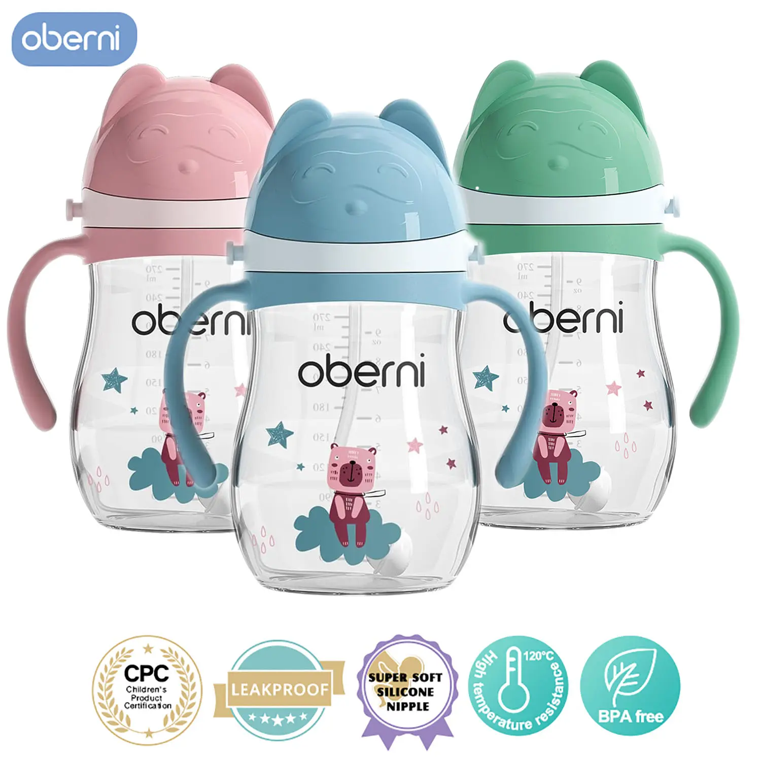 oberni Baby Sippy Cup, Eco-Friendly Tritan Trainer with Characters for Mothers, Leakproof with Weighted Straw & Wide Neck, Unisex, 270ml, Kids, Animals,back to school