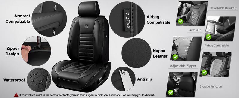 CAR PASS Nappa Leather Seat Covers Protection for Front Seats Universal Waterproof & Anti-Slip Design Airbag Compatible for Sedan, SUV, Pickup Truck  Black 1 Count