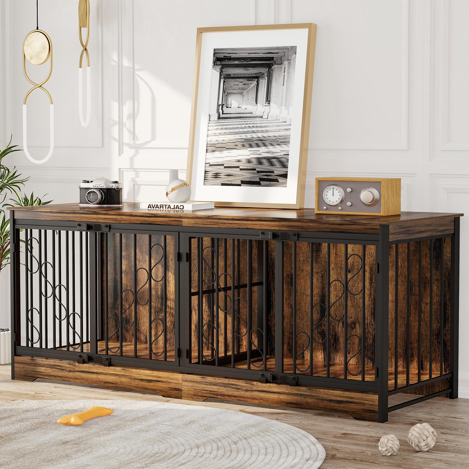 【SpringGlowUp】COZPAW Large Dog Crate Furniture, 48/52/71/78/86Inch Wooden Dog Kennel for XLarge Dogs, Heavy Duty Dogs Furniture Indoor Wire Dog Cage with Caster Wheels, Decorative Pet House End Table, Brown