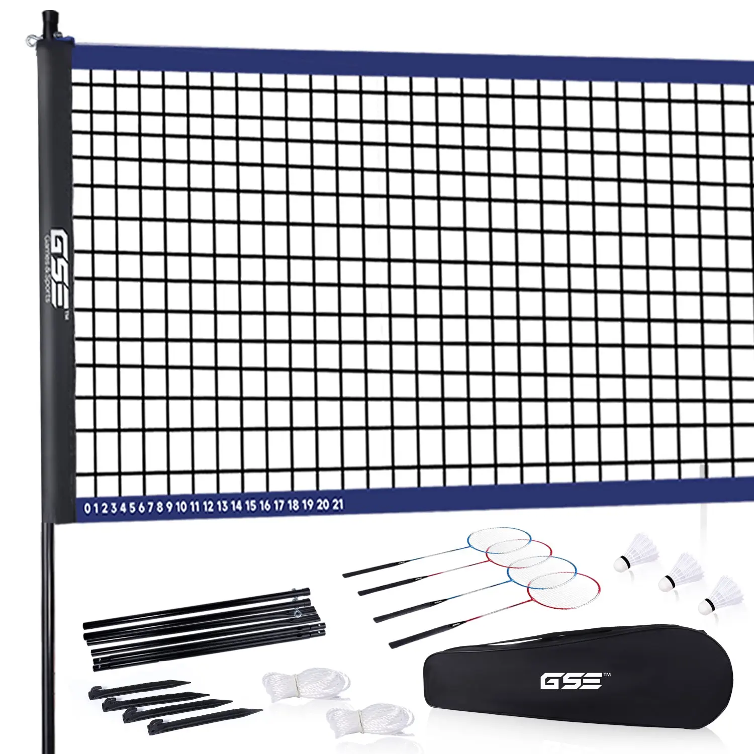 GSE Portable Badminton Complete Set with Net, 4 Rackets, 3 Shuttlecocks, and Carry Bag. Perfect for Backyards Parks Lawns and Beaches