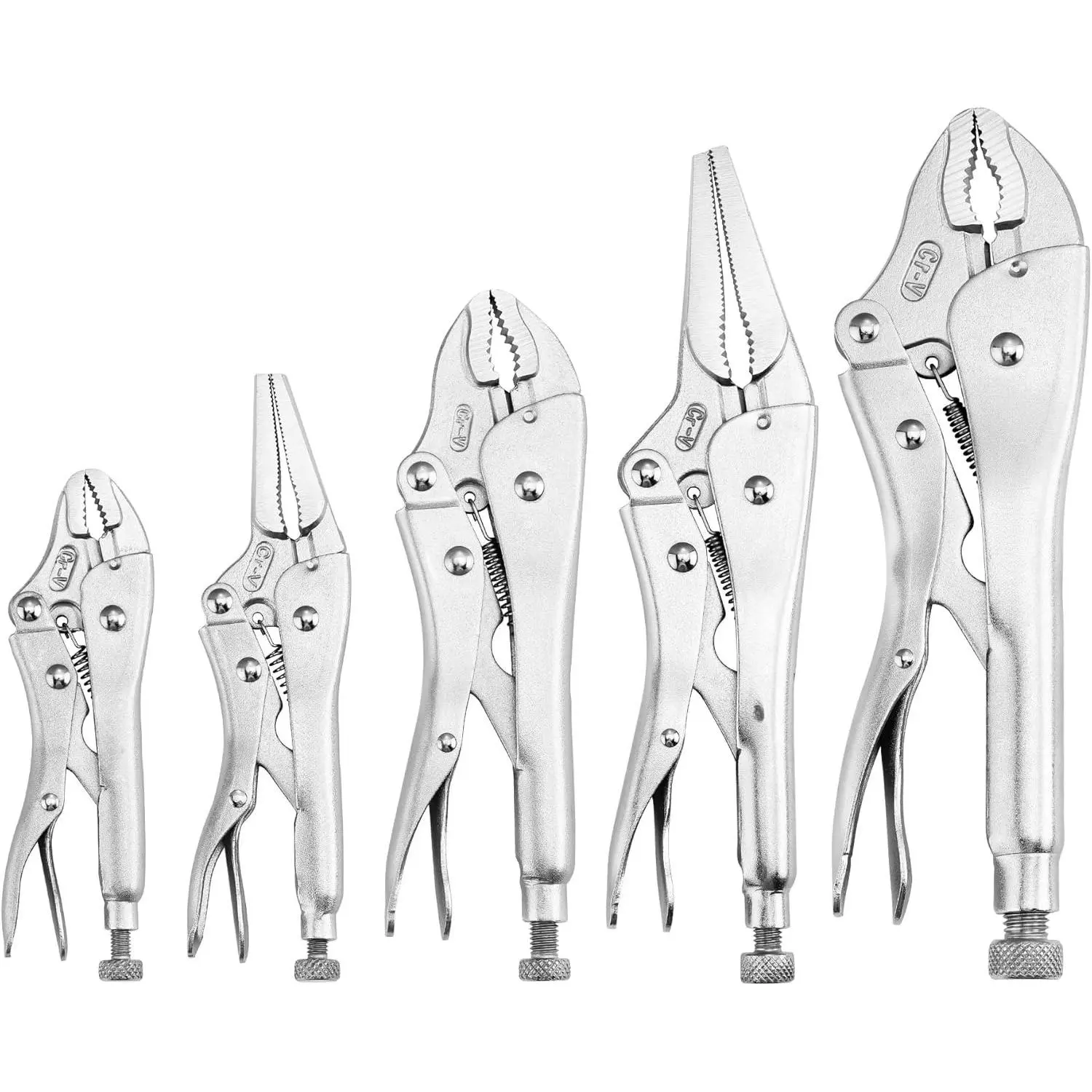 5-Piece Locking Pliers Set - Chrome-Vanadium Steel Vice Grips with Curved Jaw, Long Nose & Adjustable Pliers for Plumbing, Sizes 5/6.5/7/9/10 in, Adjustable Pliers Plumbing