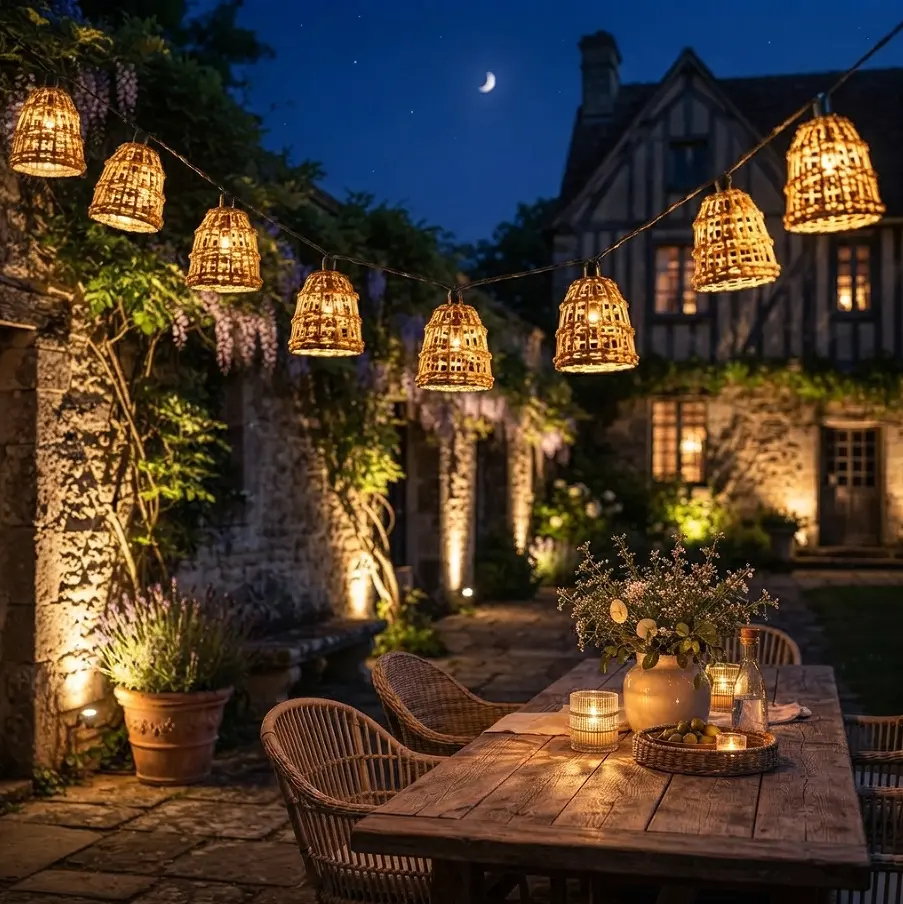 Woven Rattan Solar String Lights(10LED), Boho Outdoor Hanging Lanterns, Waterproof LED Patio Lights for Backyard, Porch, Pergola, Garden, Café, Bistro, Rustic Farmhouse Landscape Lighting, Aesthetic Deck Decor, Warm Ambiance Party Decor