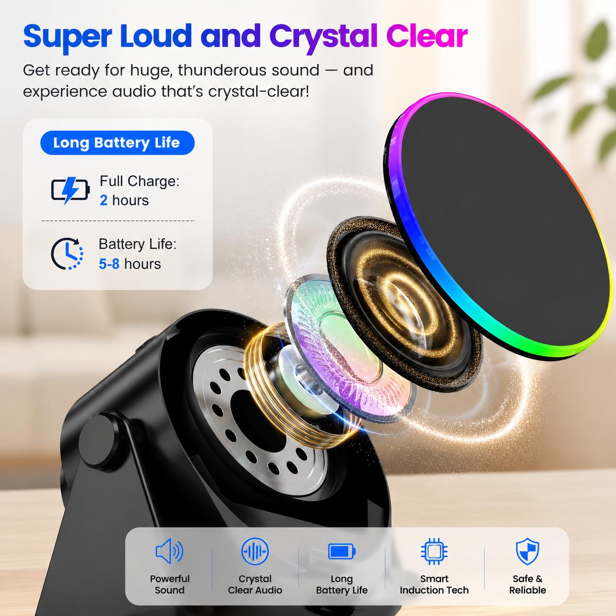 Dohelly 5-in-1 Wireless Induction Bluetooth Speaker - 360° Rotatable LED Stand, Universal Smartphone/Tablets Charger, Surround Sound, Portable Desktop Gift for Home Cooking, Father's Day Dohelly 5-in-1 Wireless Induction Bluetooth Speaker - 360° Rotatable LED Stand, Universal Smartphone/Tablets Charger, Surround Sound, Portable Desktop Gift for Home Cooking, Father's Day