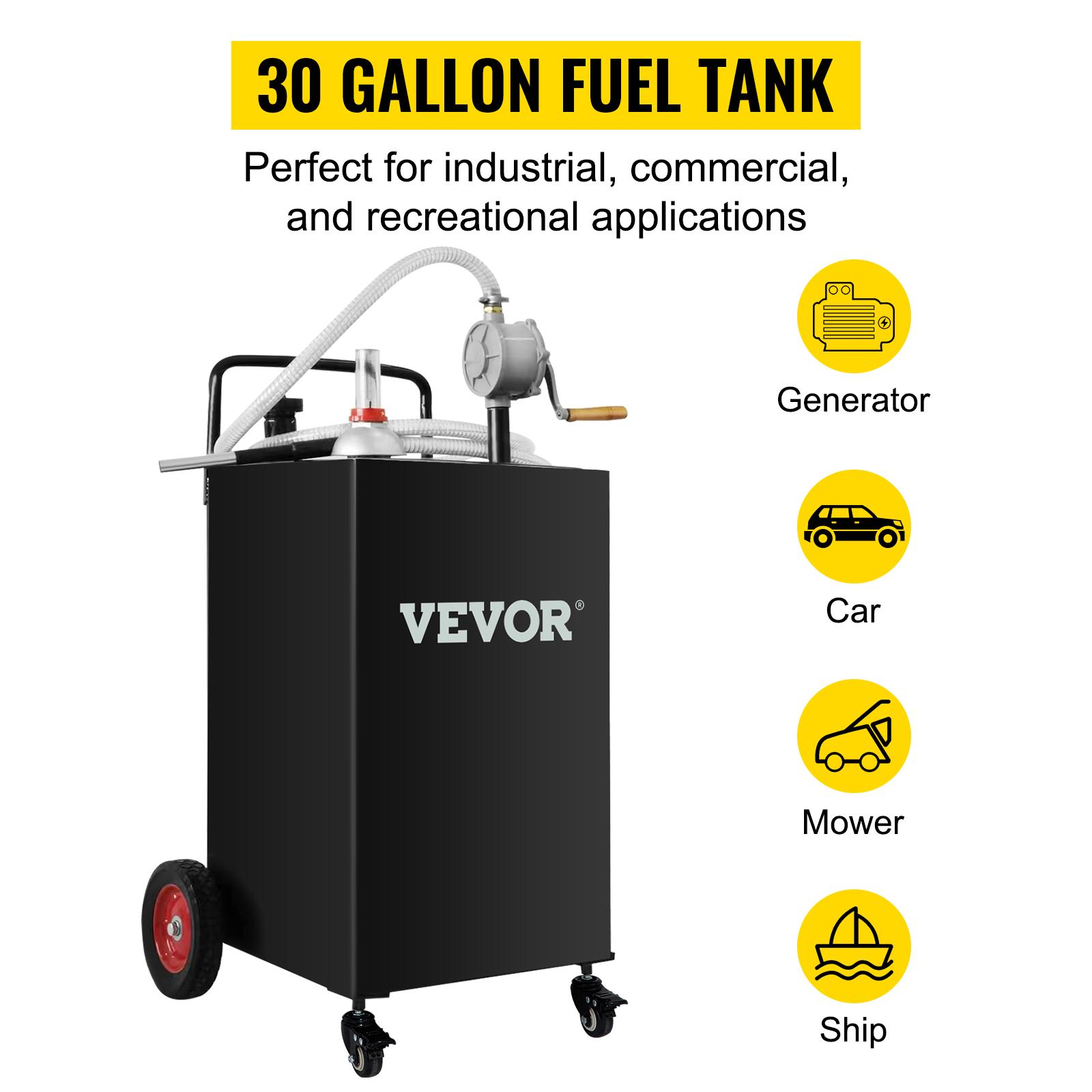 【Spotlight Day】VEVOR 30 Gallon Fuel Caddy, Gas Storage Tank & 4 Wheels, with Manuel Transfer Pump, Gasoline Diesel Fuel Container for Cars, Lawn Mowers, ATVs, Boats, More, Black Bottles Hand，w/Wheels