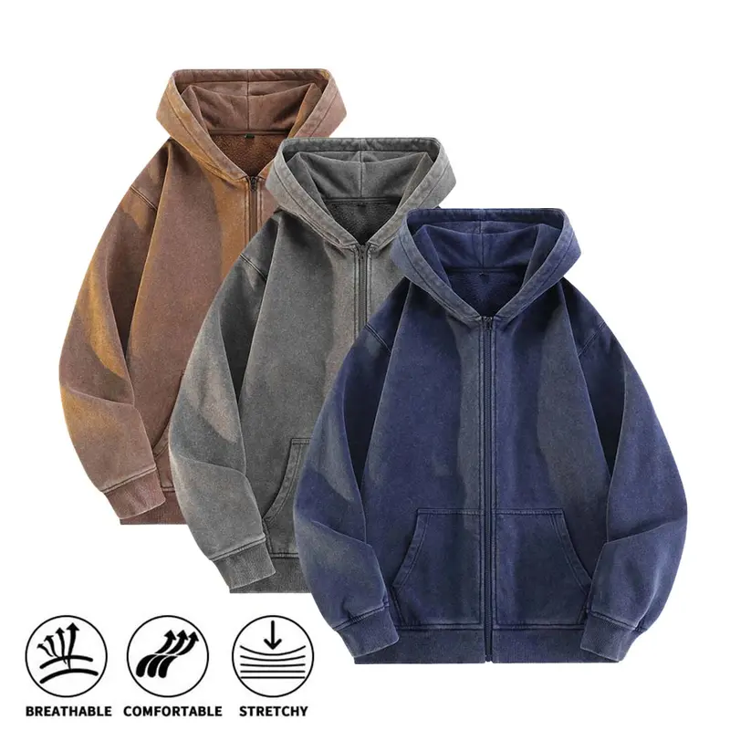 Retro washed full zip hooded sweatshirt for men, warm cotton fleece lined hoodie suitable for autumn/winter daily commuting, outdoor activities, and casual street style, kangaroo pocket