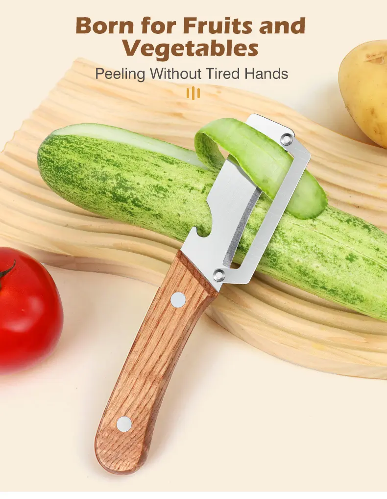 Stainless Steel Sharp Peeler with Wooden Non-Slip Ergonomic Handle, Built-In Bottle Opener, Long-Lasting Construction for Fruits & Vegetables, Essential Kitchen Tool