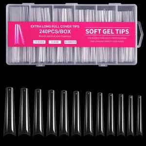 Long Coffin Nail Tips, 240Pcs Half Cover Soft Gel Nail Tips Pre-shaped 2XL Coffin Shape Clear Acrylic False Nail Fake Nail Extension Press On for Salon Home DIY 12 Sizes