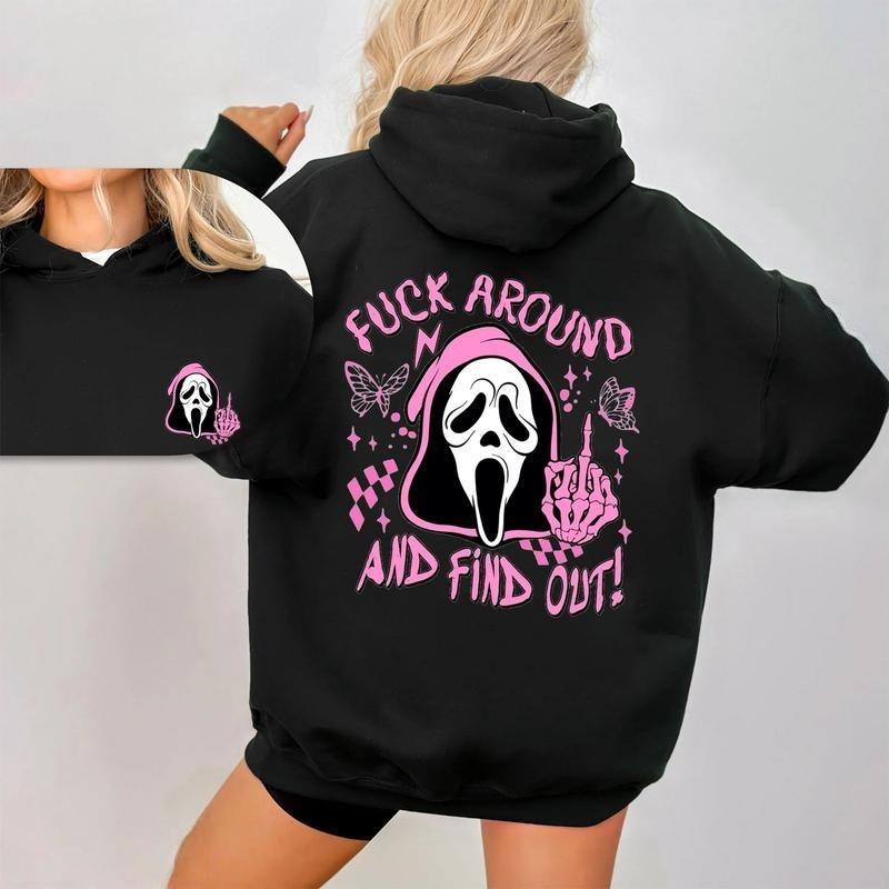 Scream Skeleton Spooky Fck Around And Find Out Sweatshirt, 2 Side Halloween Ghost Face Hoodie, Fall Tee, Coffee Lover Fall Tee, Halloween Casual Sweatshirt Hooded Outfiter Gift For Best Friend HusBand Wife