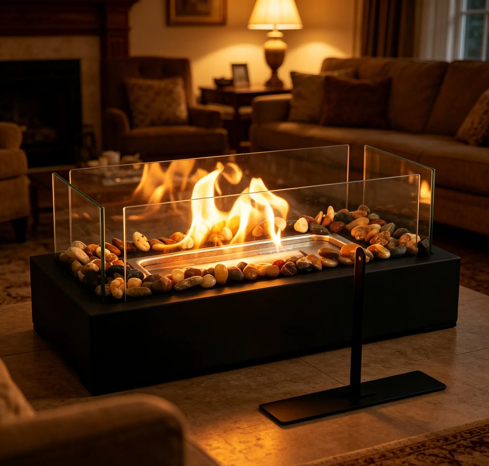 Dual-Use Tabletop Bio Ethanol Fire Bowl - Portable Indoor-Outdoor Fireplace with Glass Guard, Natural Stones, Clean-Burning Design, Safe and Efficient, Light Up Your Space for Home Living Room, Balcony Rustic Decor, Clean Ethanol Burn