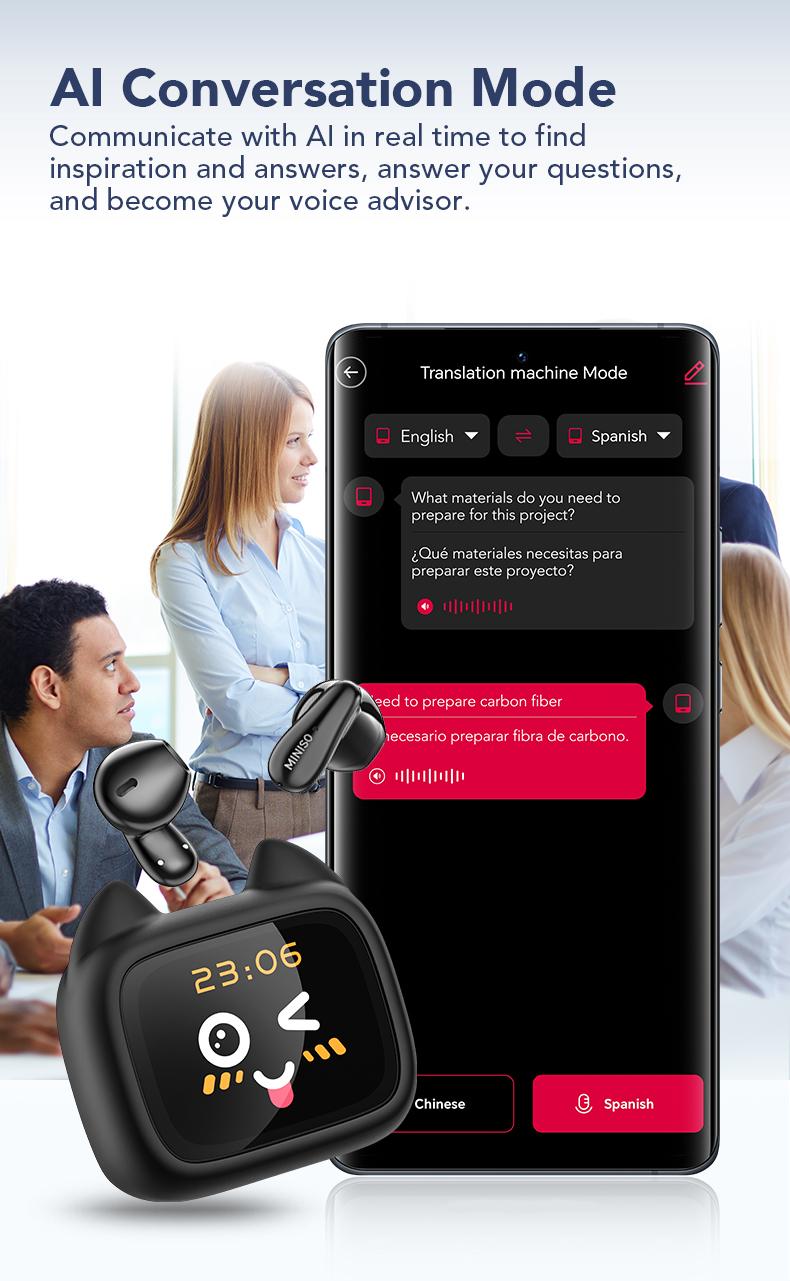Miniso MS102-AI Translation Earphones, Bluetooth 6.0, LED display, high-fidelity wireless earphones, IPX5 waterproof rating, noise-canceling microphone, stereo in-ear headphones, suitable for office, sports, and study | Built-in microphone | Earphones