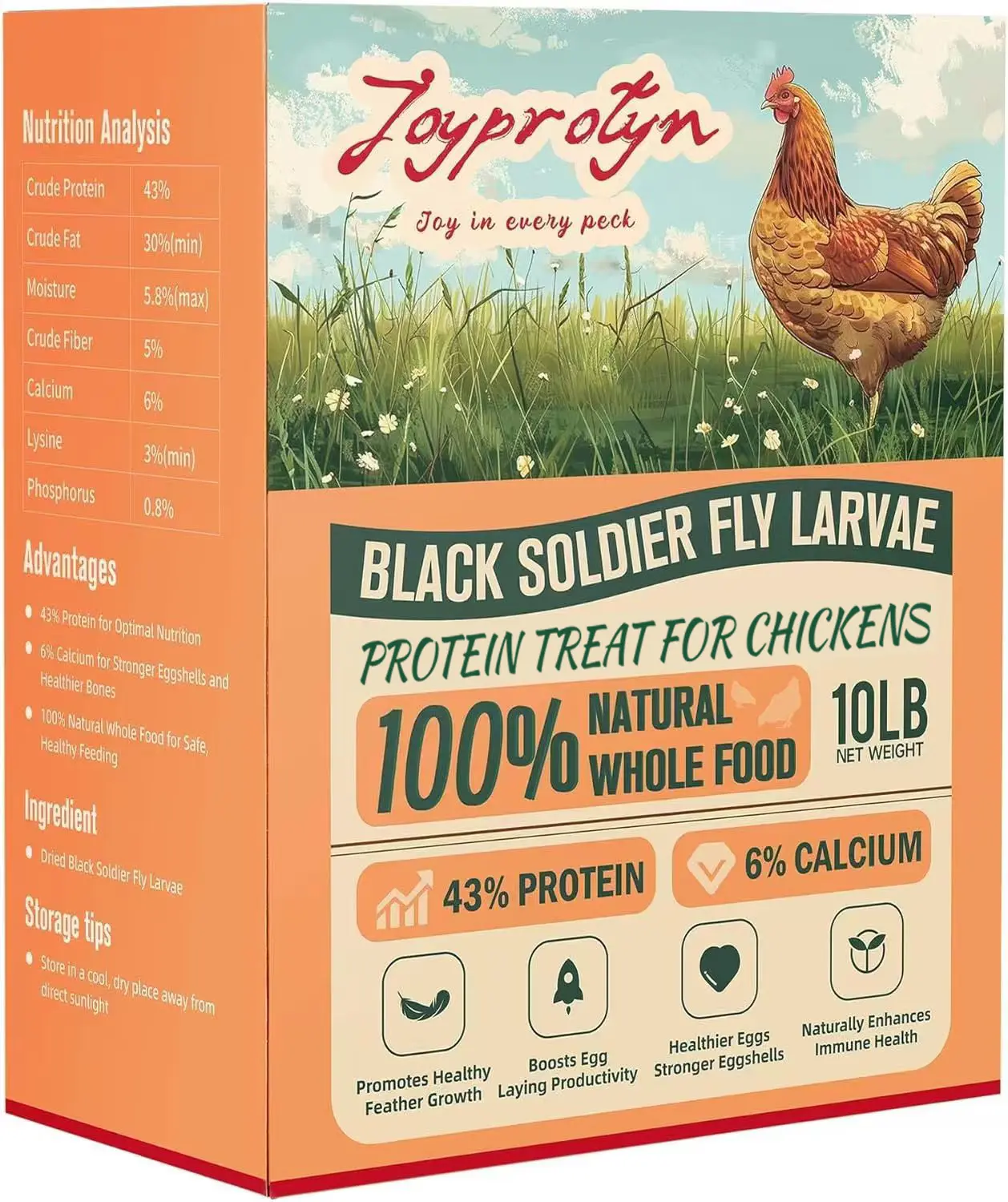 Joyprotyn 1/10lb Non-GMO Black Soldier Fly Larvae Dry Food - 43% High Protein, 6% Calcium, Gluten-Free, Natural Universal All Ages Poultry Food with Molting Support, Eco-Friendly for Chickens, Geese (85X More Calcium Than Mealworms for Strong Eggshells)