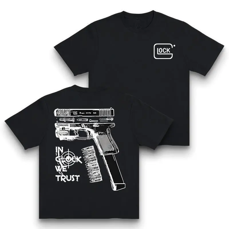 Tactical Sketch Pistol Double Sided Graphic Tee, Range Day Casual Shooting Hobby T-Shirt, Outdoor Range Everyday Short Sleeve Top, Novelty Apparel Gift For Shooting Enthusiasts