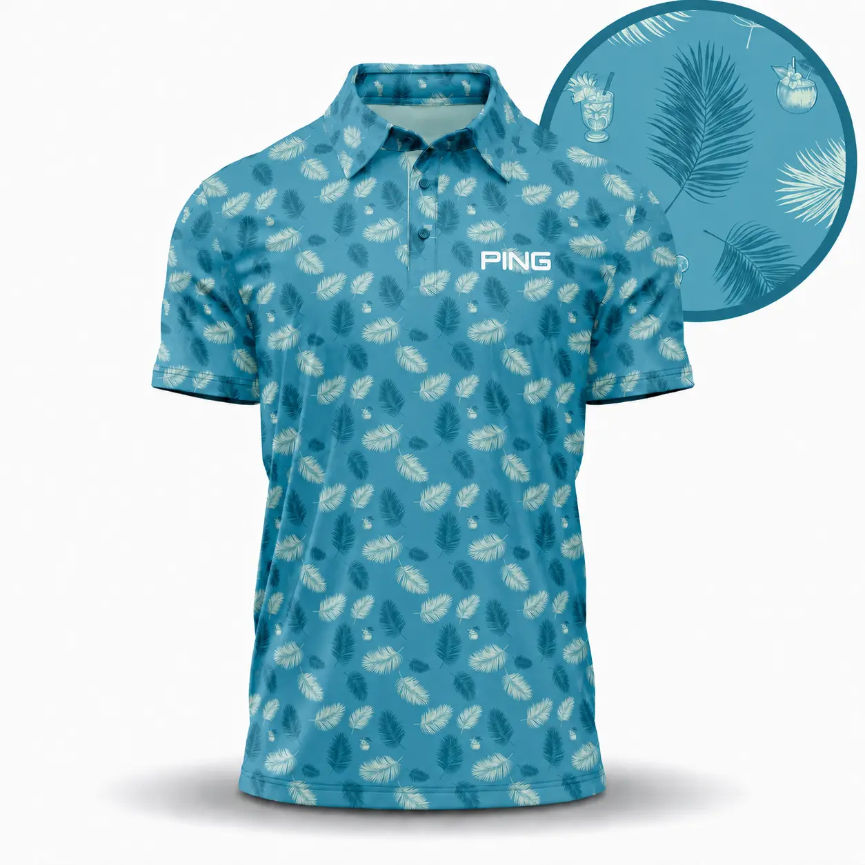 Men’s Aqua Golf Polo with PING Tropical Leaf Print and Fresh Style Made in USA