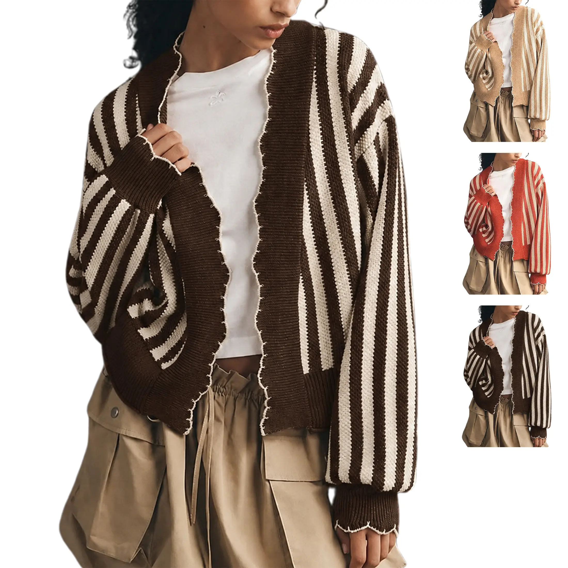 Wandal Women Striped Knit Cardigan Wavy Trim Open Front Cropped Sweater Puff Long Sleeve Loose Casual Fall Layering Outerwear