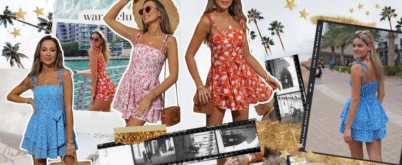 Women's All Over Print Tie Shoulder Rompers, Boho Sleeveless Spaghetti Strap Tie Wide Leg Short Romper, Holiday Vacation Beach Summer Clothes, Ladies Clothes for Daily Wear, Womenswear