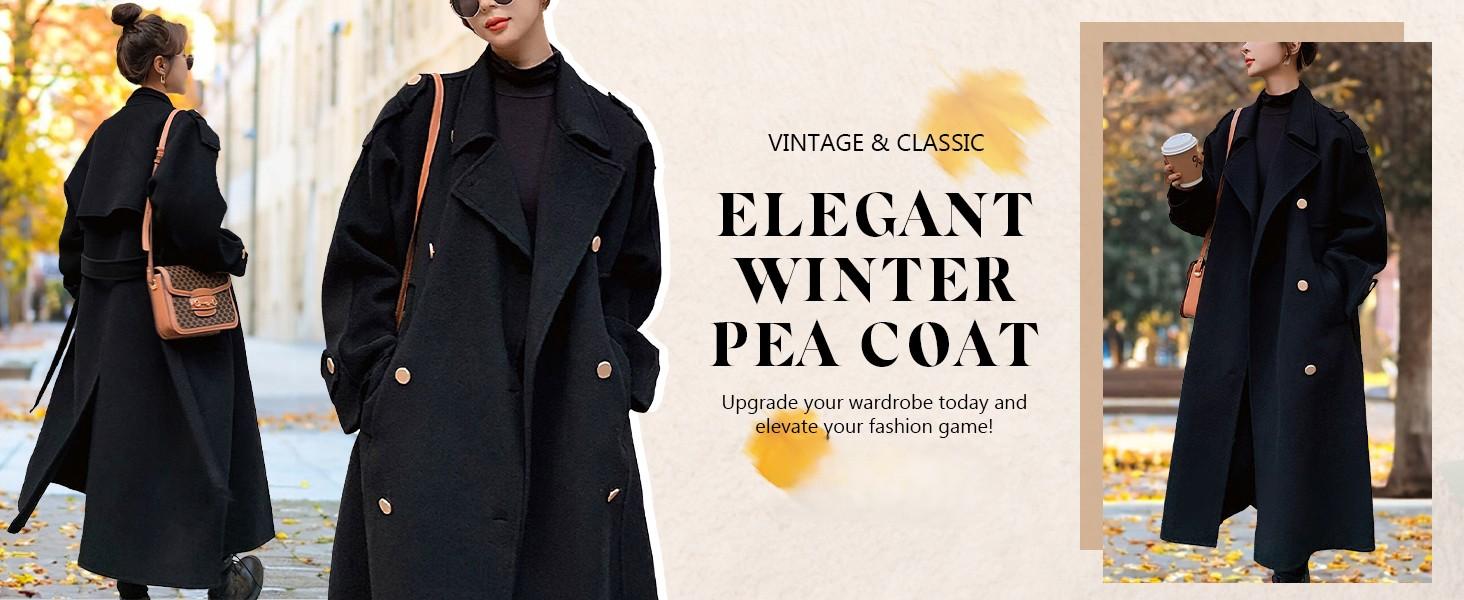 Ebossy Women's Winter Double Breasted Midi Long Wool Pea Coat Notch Lapel Trench Coat Minimalist Basic Jackets Thermal Lined Outerwear