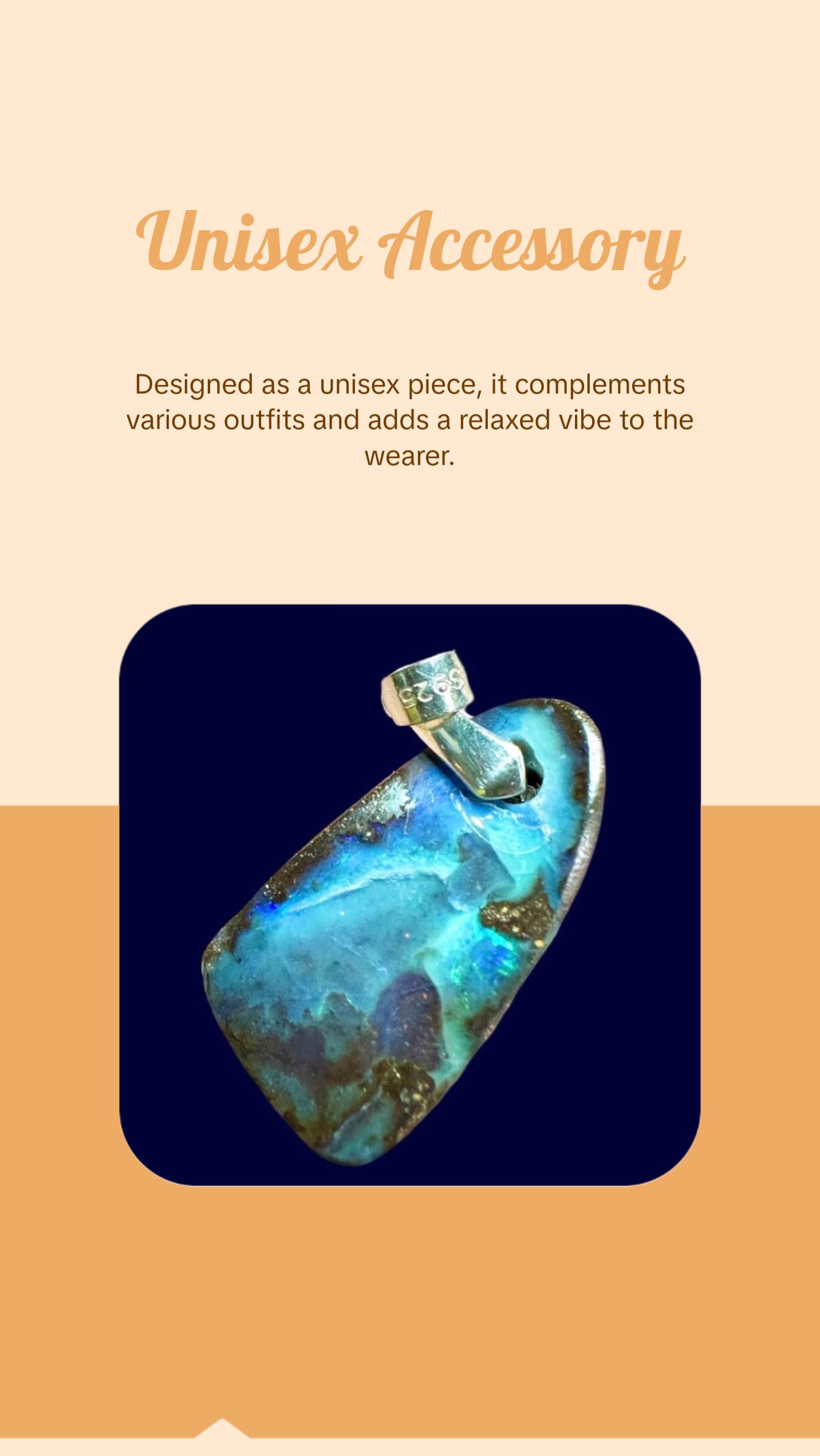 Blue Australian Boulder Opal Pendant Necklace, .925 Sterling Silver. 15ct Unisex Design