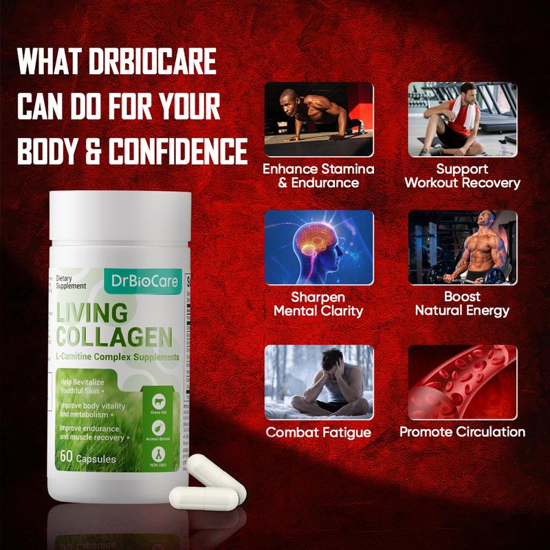 【MAX】DrBioCare Men’s Supplement – Supports Energy, Strength, Stamina, Circulation & Endurance – Featuring L-Carnitine + Living Collagen – New Formula, 60 Capsules